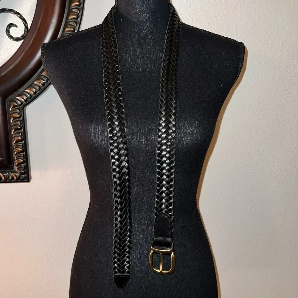 Men’s Black Braided Leather Belt Brass Colored Buckle Size 40